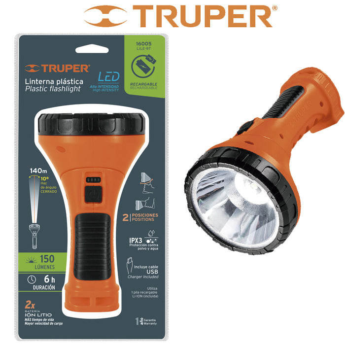 LINTERNA(12) RECARGABLE LED 210 METROS 70 LUMENS "TRUPER"